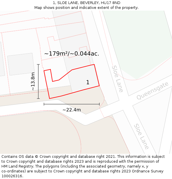 1, SLOE LANE, BEVERLEY, HU17 8ND: Plot and title map