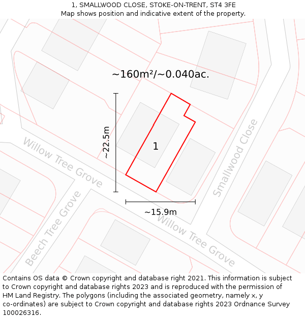 1, SMALLWOOD CLOSE, STOKE-ON-TRENT, ST4 3FE: Plot and title map