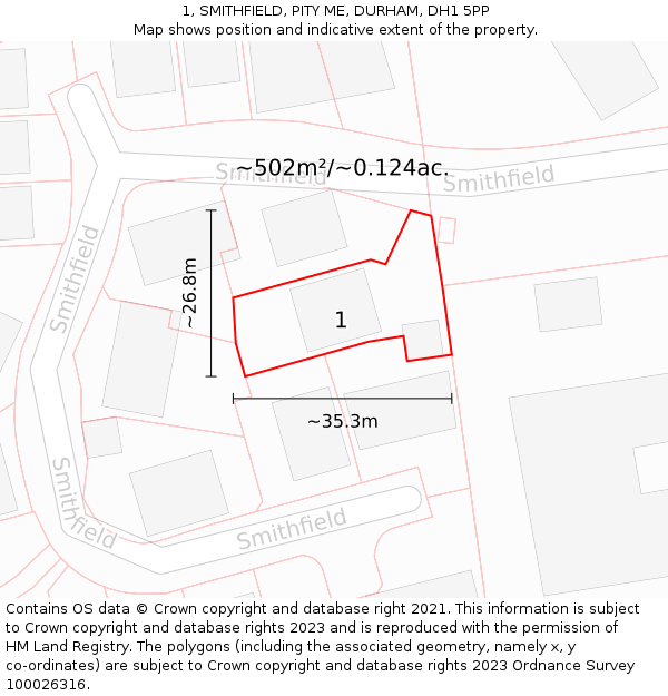 1, SMITHFIELD, PITY ME, DURHAM, DH1 5PP: Plot and title map