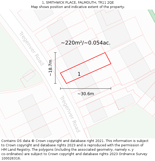 1, SMITHWICK PLACE, FALMOUTH, TR11 2QE: Plot and title map