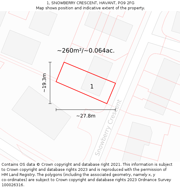 1, SNOWBERRY CRESCENT, HAVANT, PO9 2FG: Plot and title map