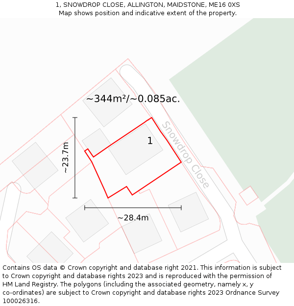 1, SNOWDROP CLOSE, ALLINGTON, MAIDSTONE, ME16 0XS: Plot and title map