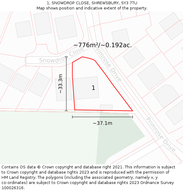 1, SNOWDROP CLOSE, SHREWSBURY, SY3 7TU: Plot and title map