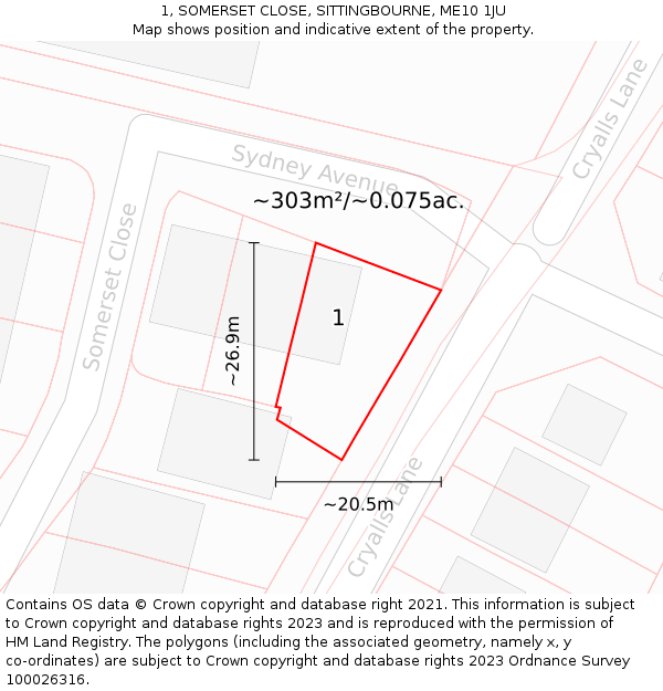 1, SOMERSET CLOSE, SITTINGBOURNE, ME10 1JU: Plot and title map