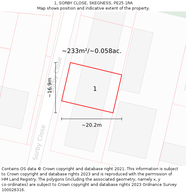 1, SORBY CLOSE, SKEGNESS, PE25 1RA: Plot and title map