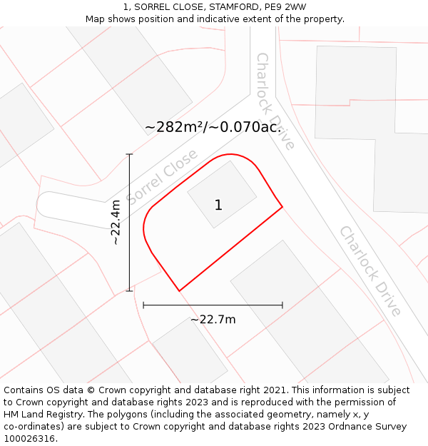 1, SORREL CLOSE, STAMFORD, PE9 2WW: Plot and title map