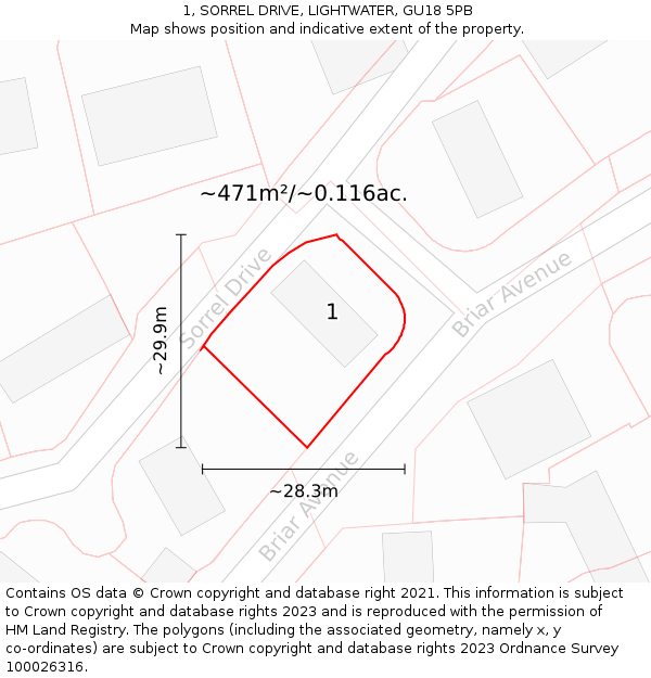 1, SORREL DRIVE, LIGHTWATER, GU18 5PB: Plot and title map