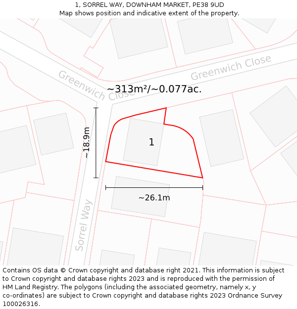 1, SORREL WAY, DOWNHAM MARKET, PE38 9UD: Plot and title map