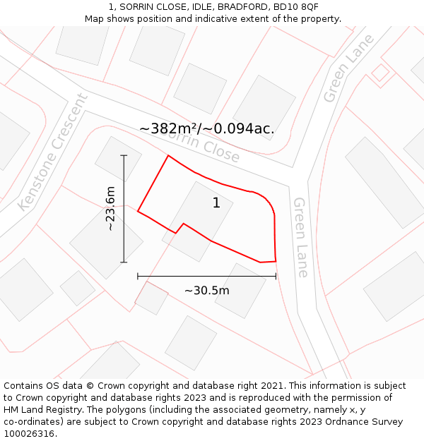 1, SORRIN CLOSE, IDLE, BRADFORD, BD10 8QF: Plot and title map