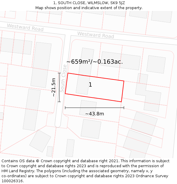 1, SOUTH CLOSE, WILMSLOW, SK9 5JZ: Plot and title map