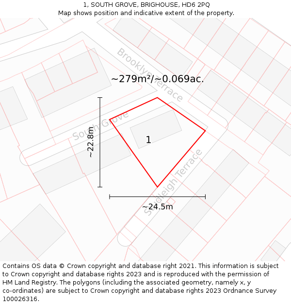 1, SOUTH GROVE, BRIGHOUSE, HD6 2PQ: Plot and title map