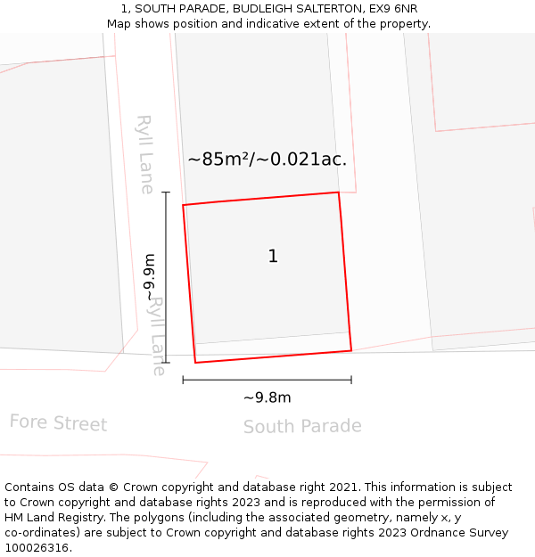 1, SOUTH PARADE, BUDLEIGH SALTERTON, EX9 6NR: Plot and title map