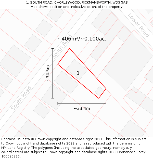 1, SOUTH ROAD, CHORLEYWOOD, RICKMANSWORTH, WD3 5AS: Plot and title map