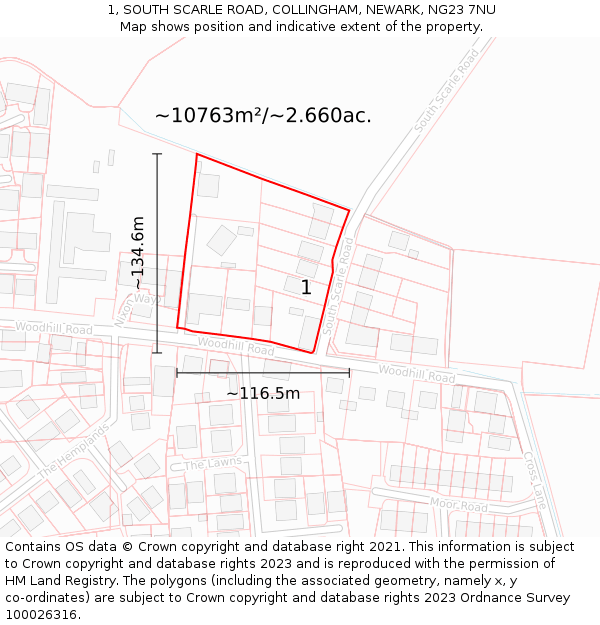 1, SOUTH SCARLE ROAD, COLLINGHAM, NEWARK, NG23 7NU: Plot and title map