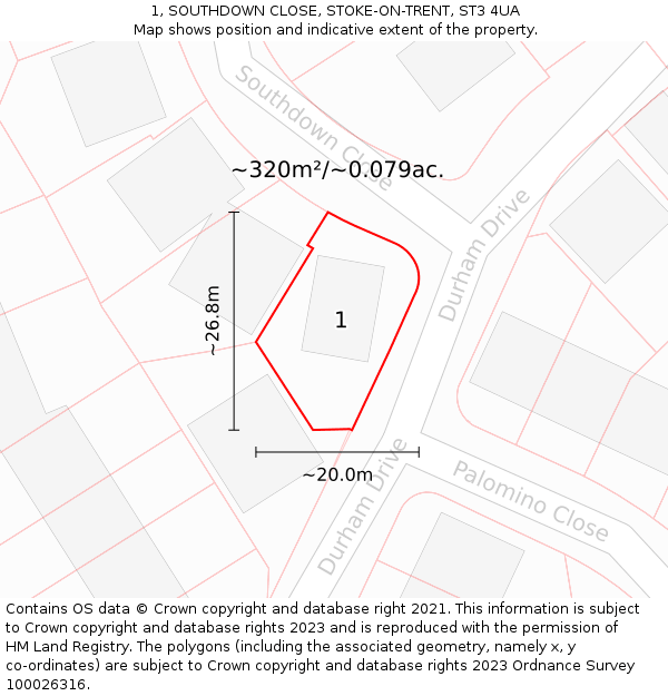 1, SOUTHDOWN CLOSE, STOKE-ON-TRENT, ST3 4UA: Plot and title map