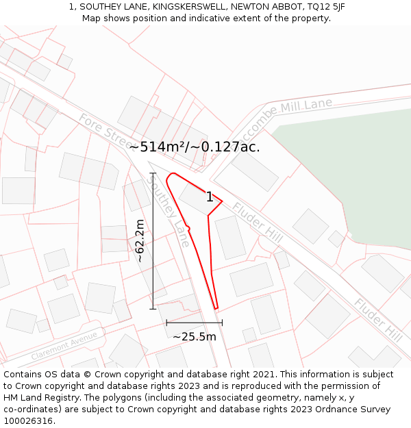 1, SOUTHEY LANE, KINGSKERSWELL, NEWTON ABBOT, TQ12 5JF: Plot and title map