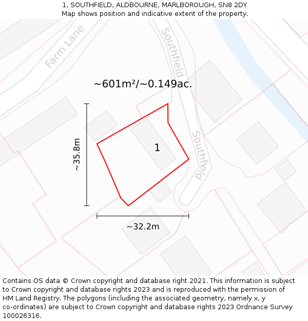 1, SOUTHFIELD, ALDBOURNE, MARLBOROUGH, SN8 2DY: Plot and title map