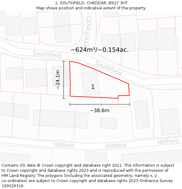 1, SOUTHFIELD, CHEDDAR, BS27 3HT: Plot and title map