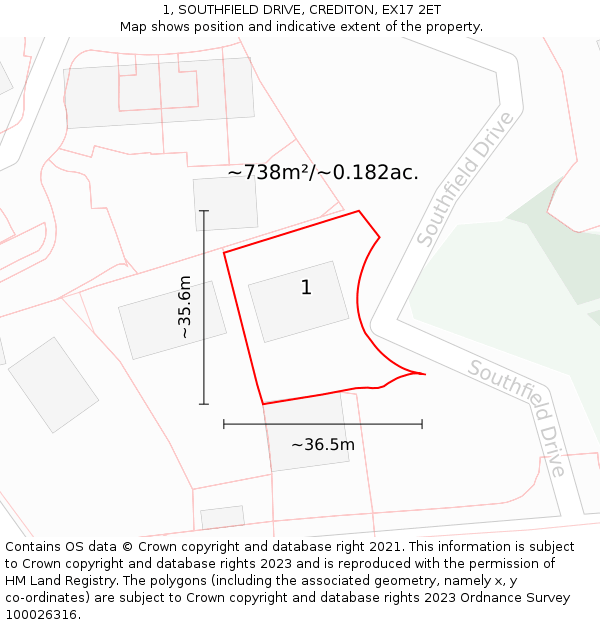 1, SOUTHFIELD DRIVE, CREDITON, EX17 2ET: Plot and title map