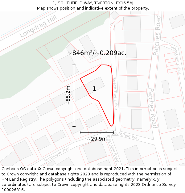 1, SOUTHFIELD WAY, TIVERTON, EX16 5AJ: Plot and title map