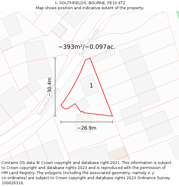 1, SOUTHFIELDS, BOURNE, PE10 9TZ: Plot and title map