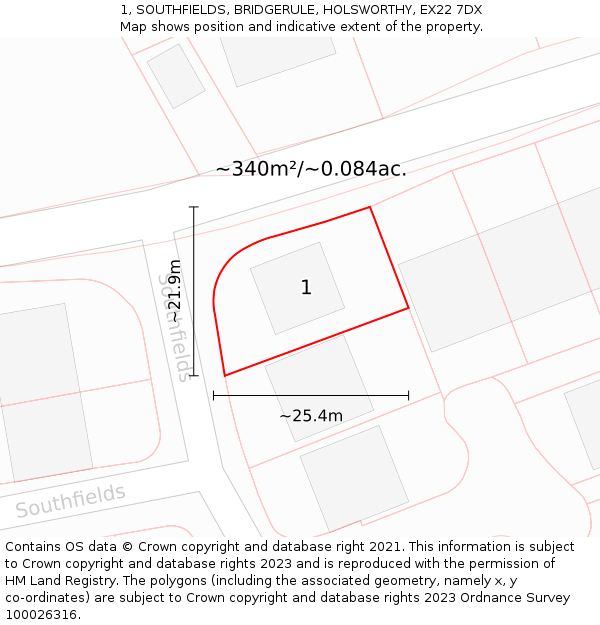 1, SOUTHFIELDS, BRIDGERULE, HOLSWORTHY, EX22 7DX: Plot and title map