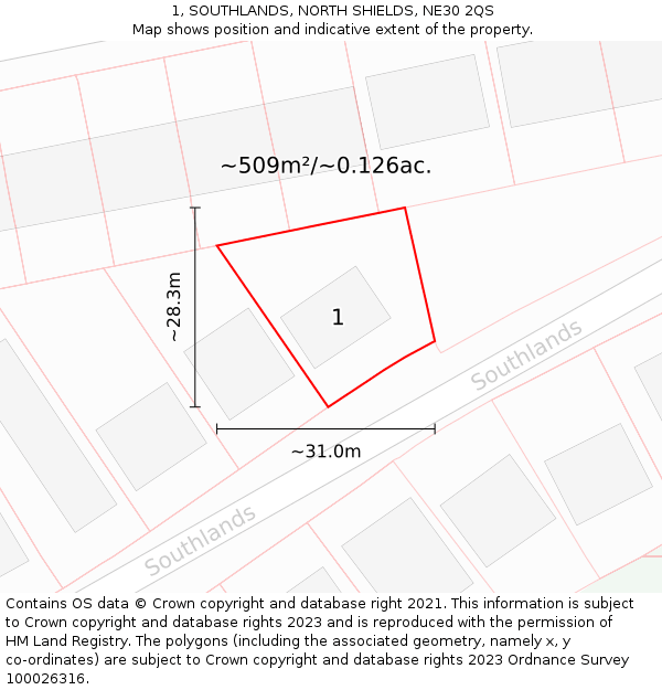 1, SOUTHLANDS, NORTH SHIELDS, NE30 2QS: Plot and title map