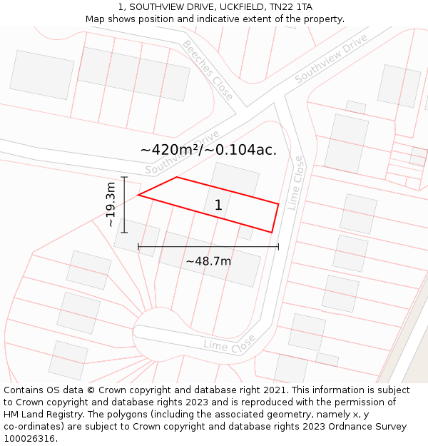1, SOUTHVIEW DRIVE, UCKFIELD, TN22 1TA: Plot and title map
