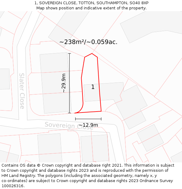 1, SOVEREIGN CLOSE, TOTTON, SOUTHAMPTON, SO40 8XP: Plot and title map