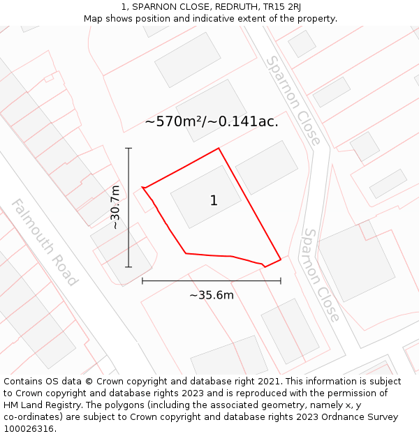 1, SPARNON CLOSE, REDRUTH, TR15 2RJ: Plot and title map