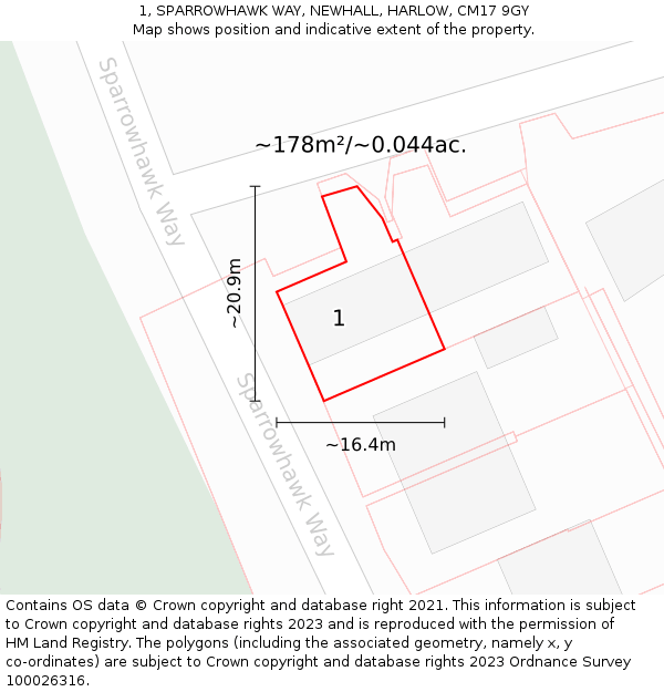 1, SPARROWHAWK WAY, NEWHALL, HARLOW, CM17 9GY: Plot and title map