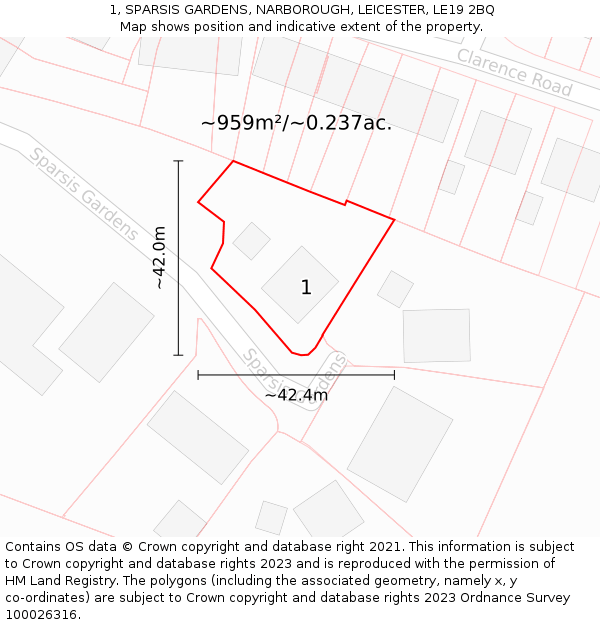 1, SPARSIS GARDENS, NARBOROUGH, LEICESTER, LE19 2BQ: Plot and title map