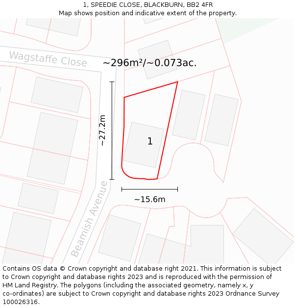 1, SPEEDIE CLOSE, BLACKBURN, BB2 4FR: Plot and title map