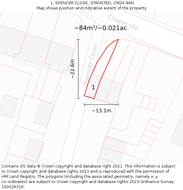 1, SPENCER CLOSE, STANSTED, CM24 8AN: Plot and title map