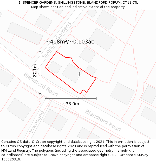 1, SPENCER GARDENS, SHILLINGSTONE, BLANDFORD FORUM, DT11 0TL: Plot and title map