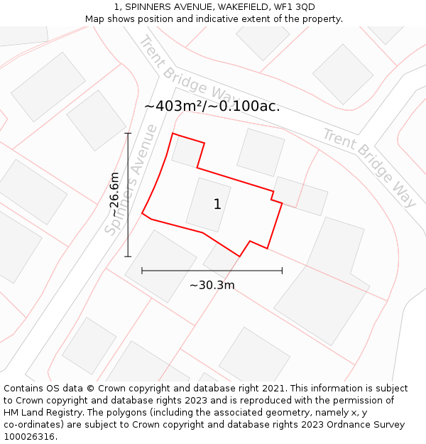 1, SPINNERS AVENUE, WAKEFIELD, WF1 3QD: Plot and title map