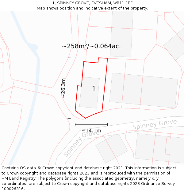 1, SPINNEY GROVE, EVESHAM, WR11 1BF: Plot and title map