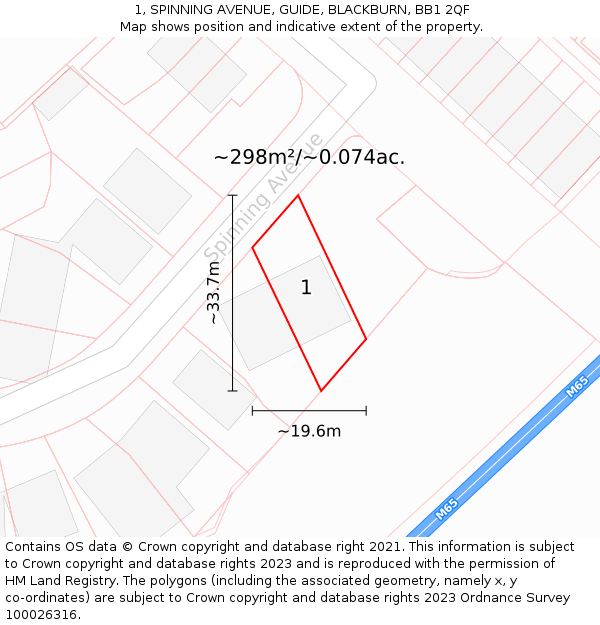 1, SPINNING AVENUE, GUIDE, BLACKBURN, BB1 2QF: Plot and title map