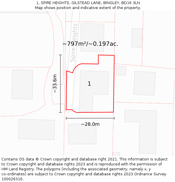 1, SPIRE HEIGHTS, GILSTEAD LANE, BINGLEY, BD16 3LN: Plot and title map