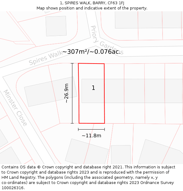 1, SPIRES WALK, BARRY, CF63 1FJ: Plot and title map