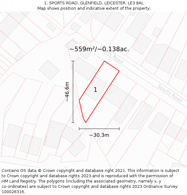 1, SPORTS ROAD, GLENFIELD, LEICESTER, LE3 8AL: Plot and title map