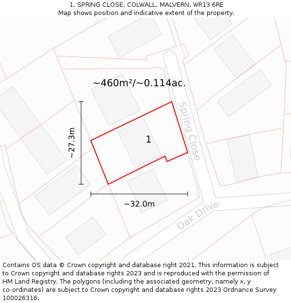 1, SPRING CLOSE, COLWALL, MALVERN, WR13 6RE: Plot and title map