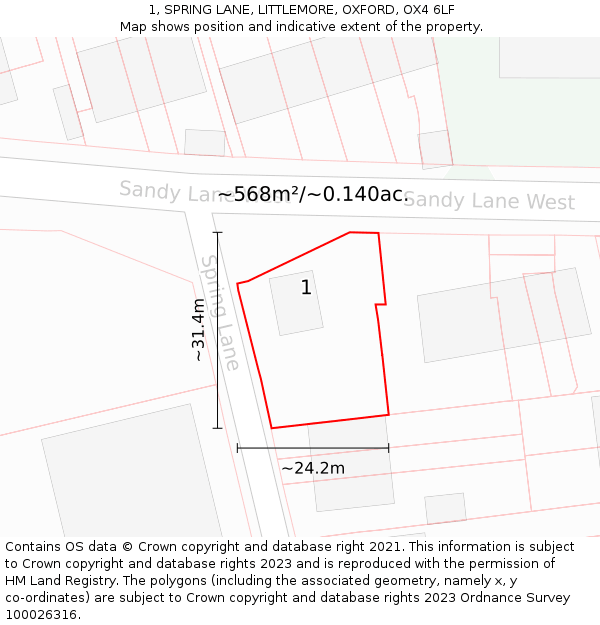 1, SPRING LANE, LITTLEMORE, OXFORD, OX4 6LF: Plot and title map