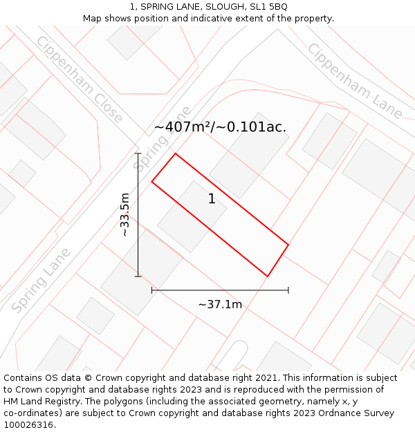 1, SPRING LANE, SLOUGH, SL1 5BQ: Plot and title map