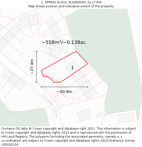 1, SPRING PLACE, RUARDEAN, GL17 9TA: Plot and title map