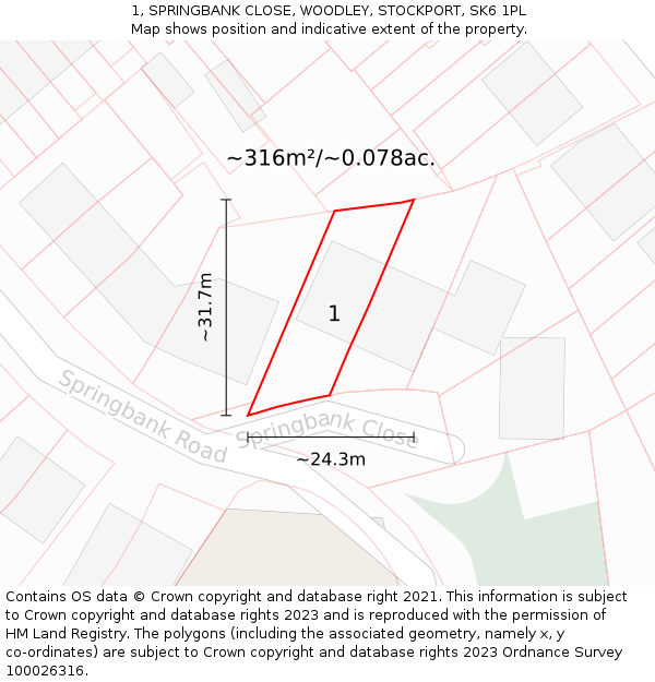 1, SPRINGBANK CLOSE, WOODLEY, STOCKPORT, SK6 1PL: Plot and title map