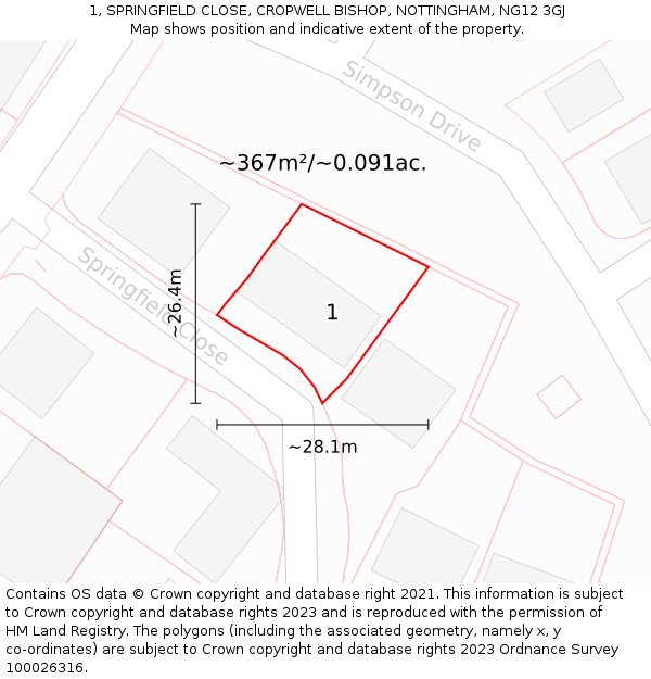 1, SPRINGFIELD CLOSE, CROPWELL BISHOP, NOTTINGHAM, NG12 3GJ: Plot and title map