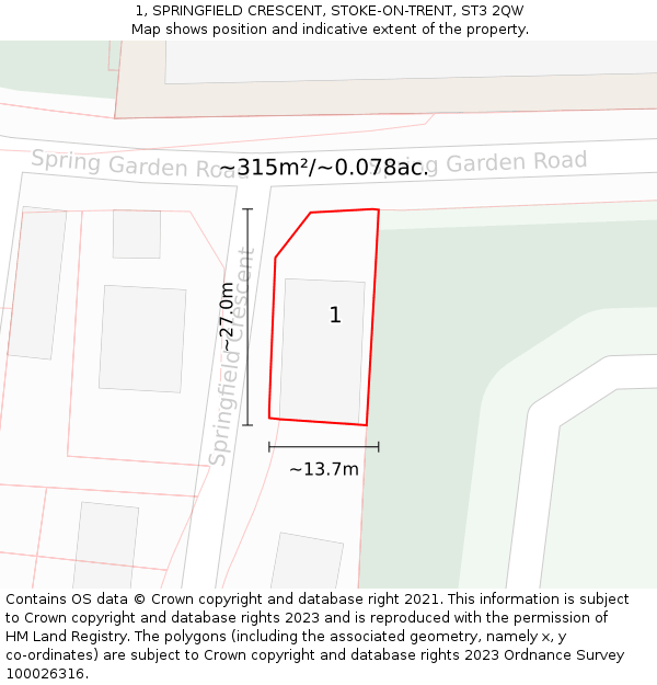 1, SPRINGFIELD CRESCENT, STOKE-ON-TRENT, ST3 2QW: Plot and title map