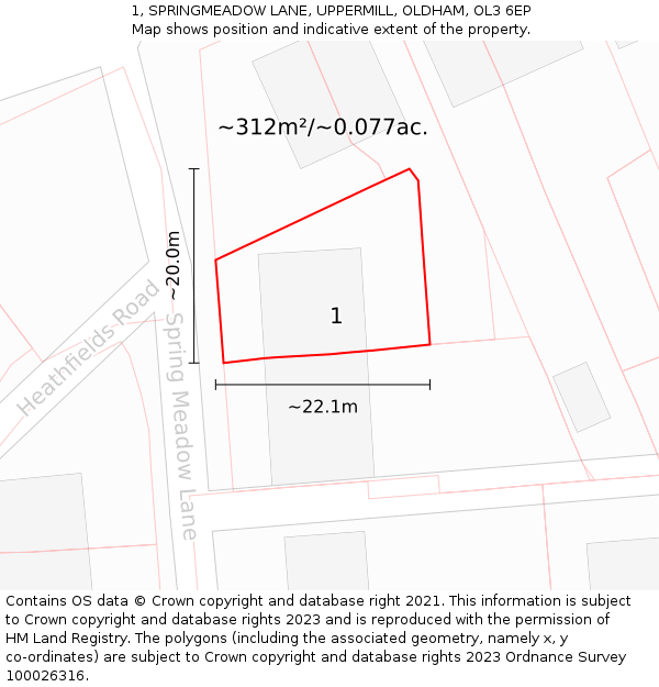 1, SPRINGMEADOW LANE, UPPERMILL, OLDHAM, OL3 6EP: Plot and title map