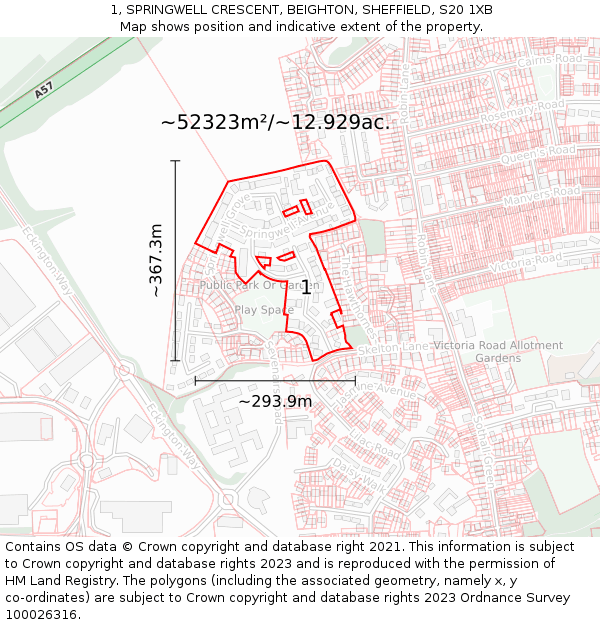 1, SPRINGWELL CRESCENT, BEIGHTON, SHEFFIELD, S20 1XB: Plot and title map